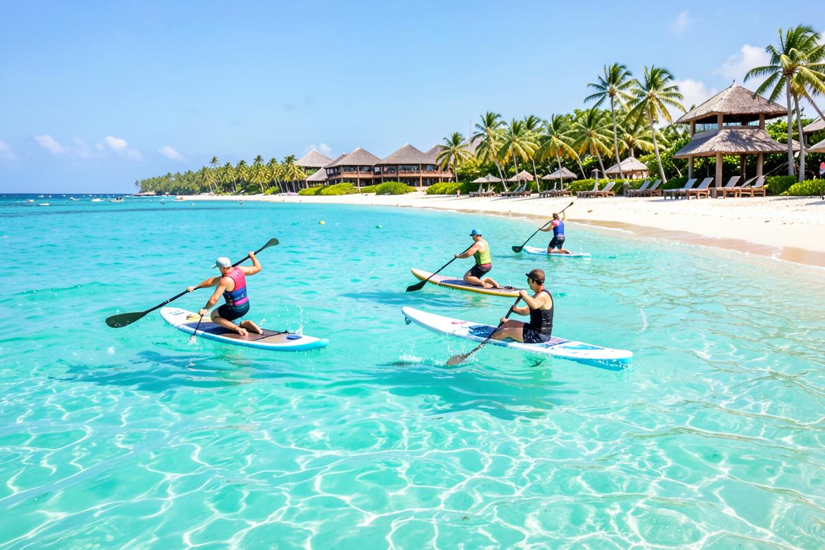 Guests paddleboarding in clear turquoise water by the resort beach