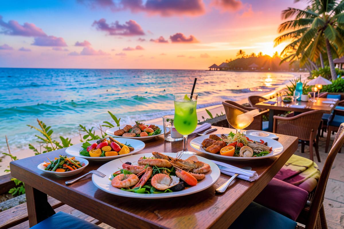 Beachfront table with fresh seafood and a tropical cocktail at sunset