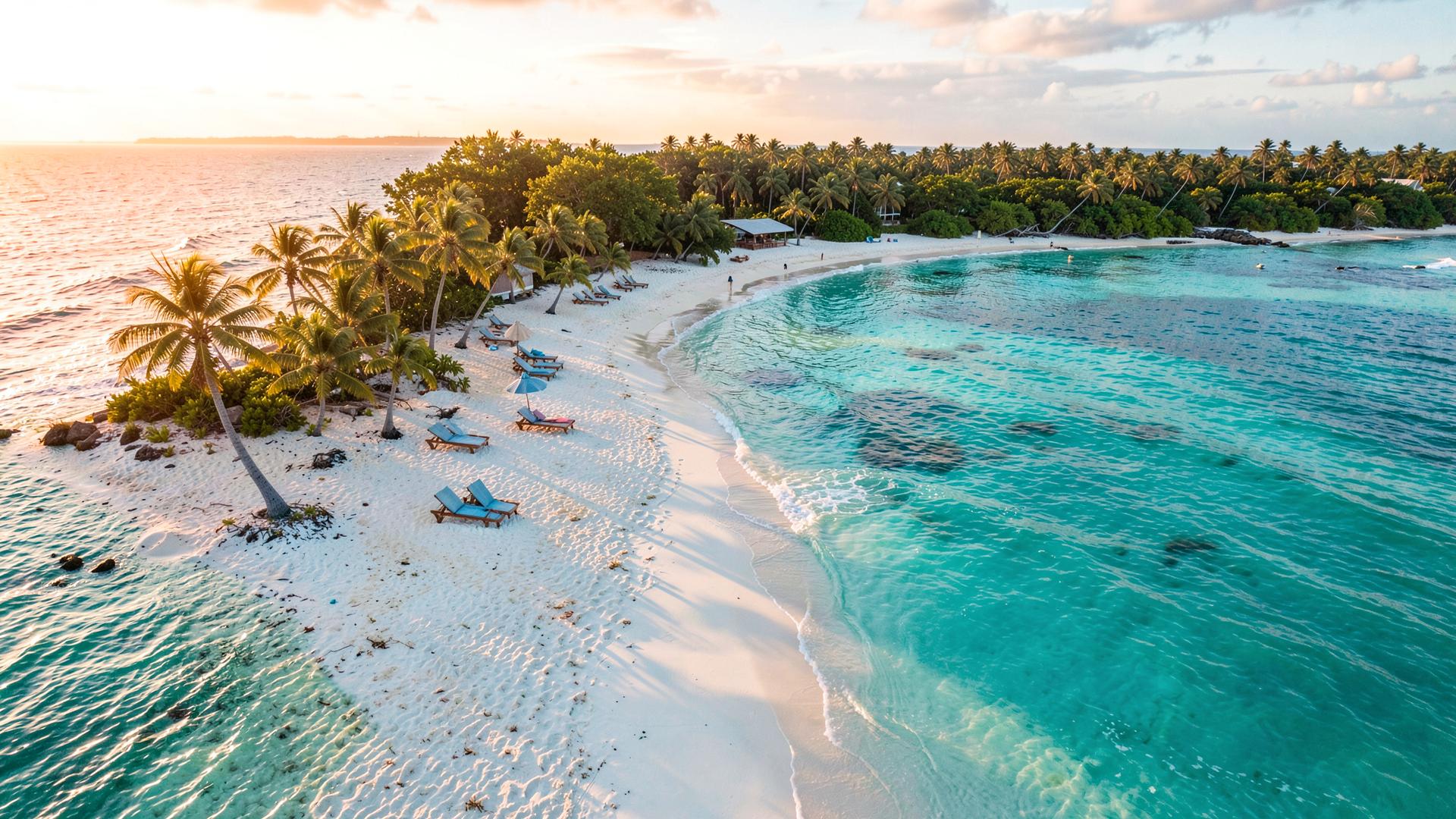Turquoise Bahamian shoreline with palm trees and beach loungers at sunset